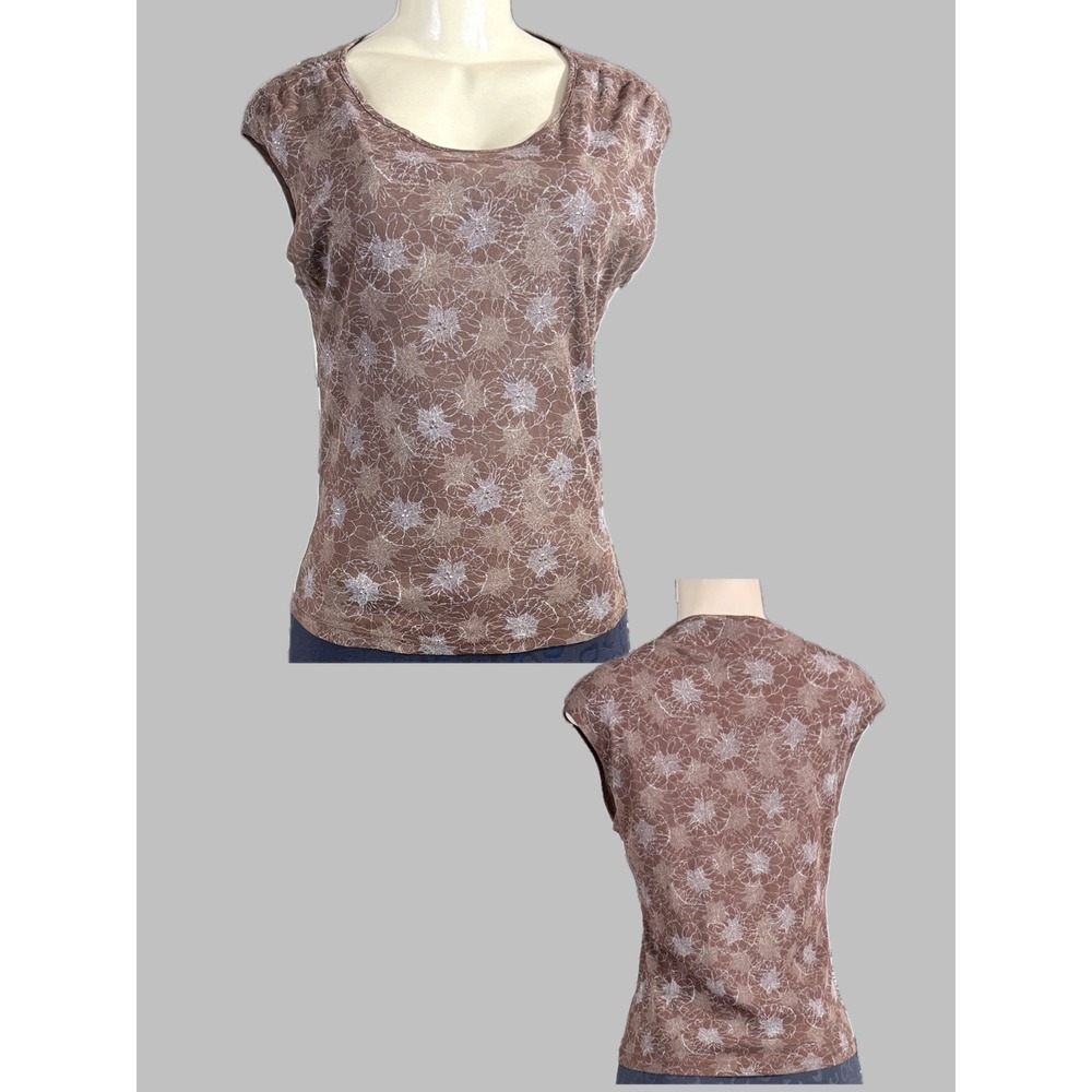 The limited L Vintage 90s Brown Mesh Lined Intricate Floral Studded Shell Blouse